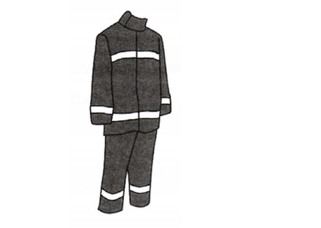 Diagram showing a firefighter's protective suit with reflective silver stripes on the jacket and trousers.