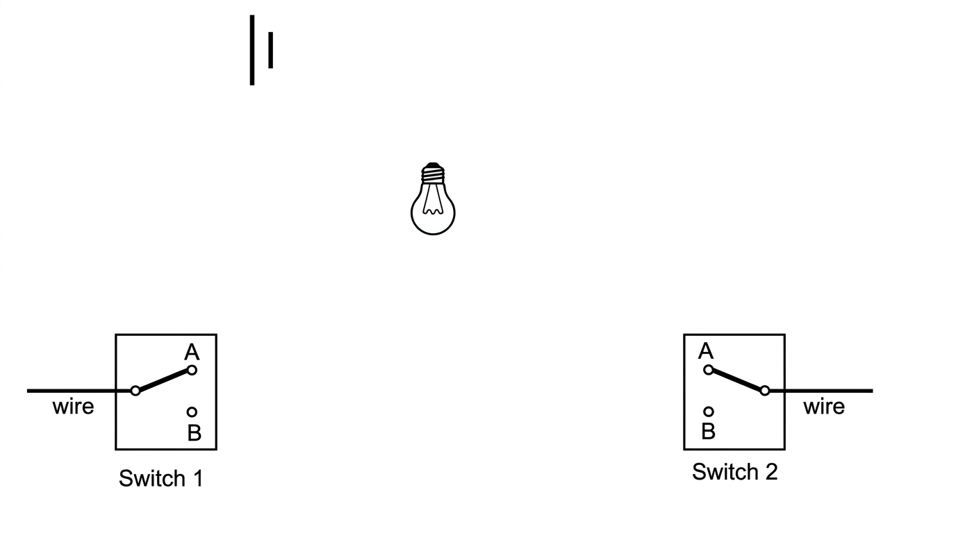 Part of a circuit showing a battery, a bulb, and two switches each with terminals A and B, to be completed