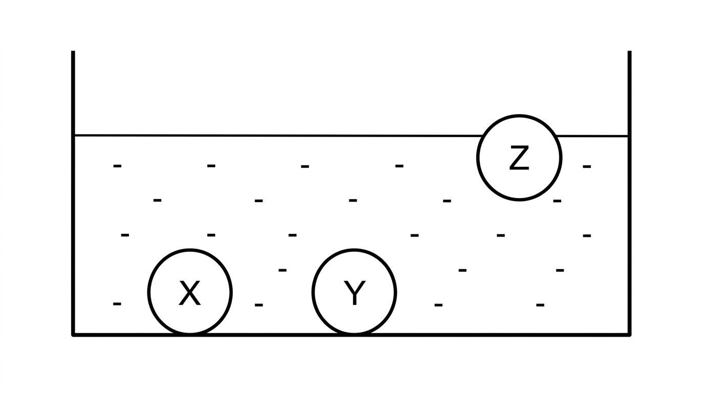 Diagram of a container of water with three solids: X and Y resting at the bottom and Z floating near the water surface.