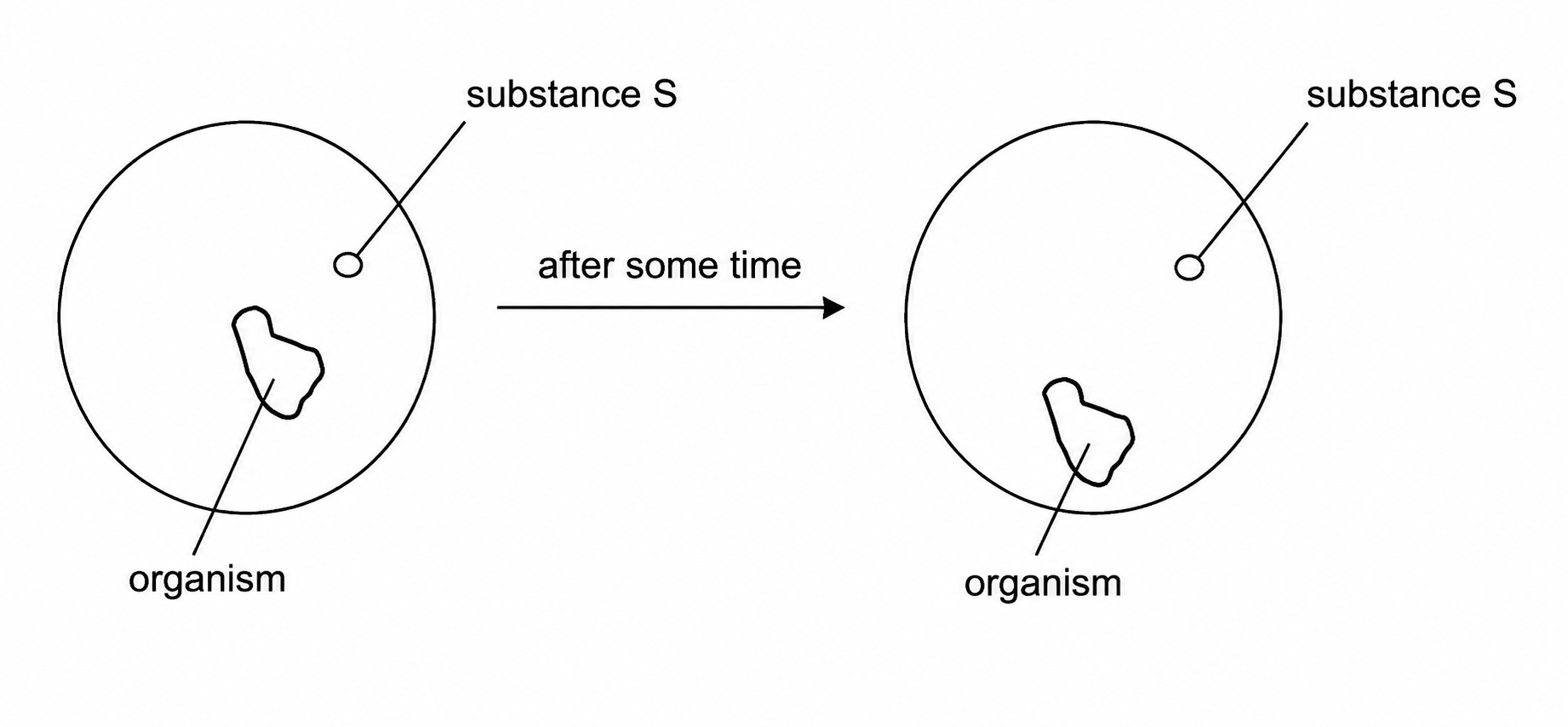 Two microscope views of an organism: substance S is at the top-right of the circular field; after some time the organism has moved away from substance S.