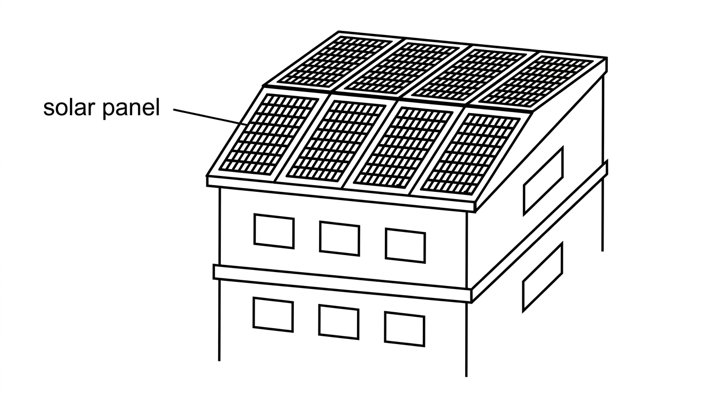 Diagram of a house with solar panels installed on the sloped rooftop, with a label pointing to the solar panel.